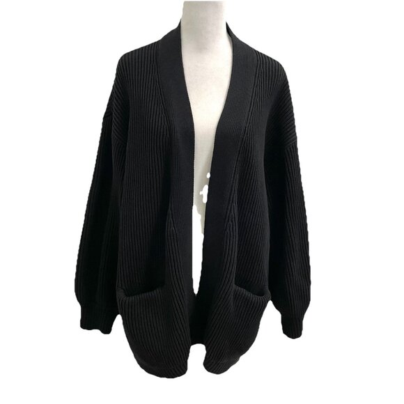 QUINCE Ribbed Oversized Cardigan Sweater Pockets Organic Cotton Black size XL - Picture 1 of 9